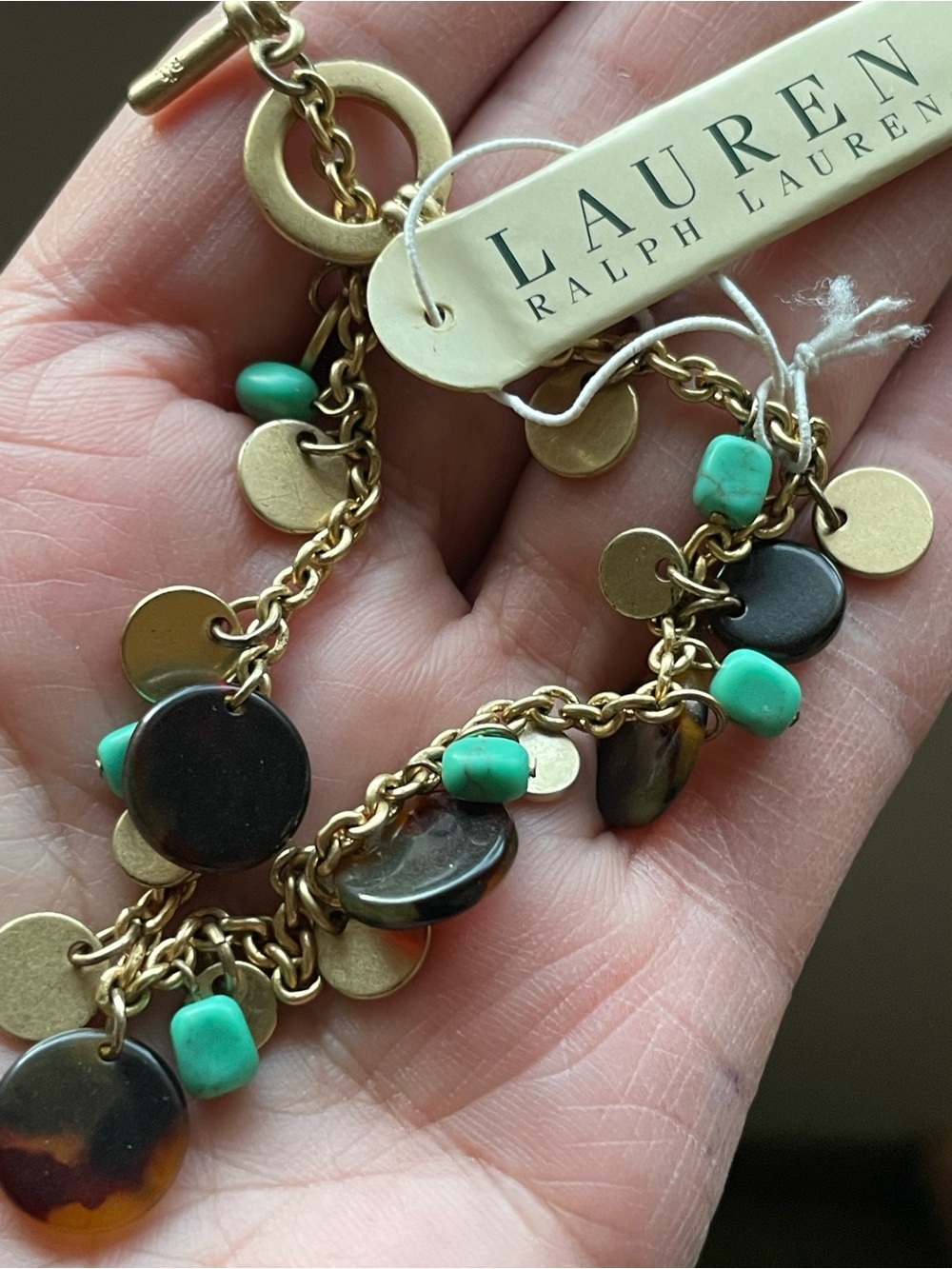Lauren Ralph Lauren Gold-Tone Charm Bracelet w/ Turquoise & Brown Tortoise Shell